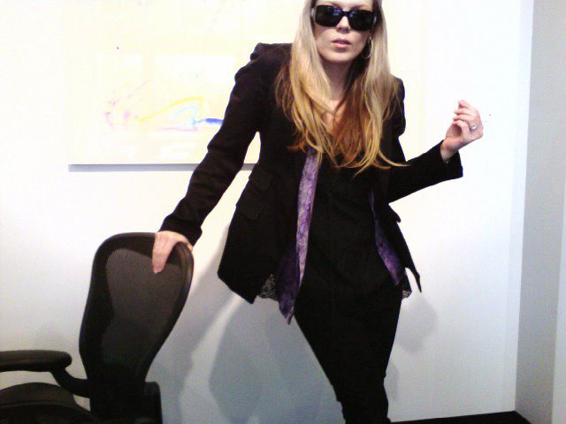 all black with purple pop, work outfit 2009