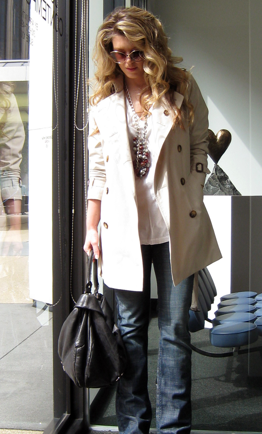 flared jeans, bootcut denim, trench coat, burberry, burberry trench, casual spring outfit, 2009 style, long blonde hair