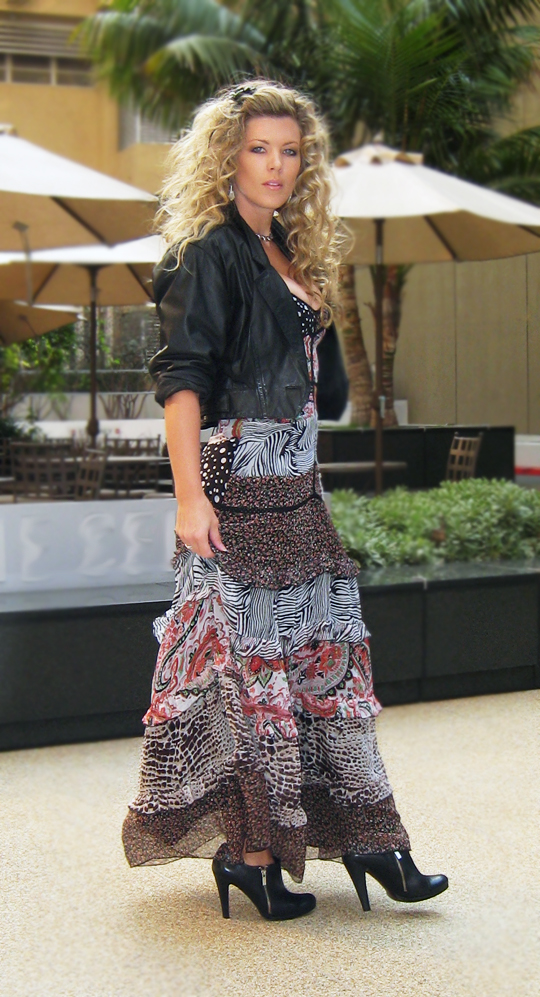 big curls-floral maxi dress-leather jacket