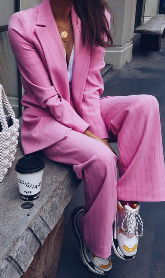 pink suit - balenciaga Triple S runners - suits with sneakers