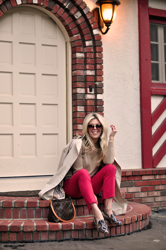 fall style, red and ivory and camel, snakeskin trend and classic burberry trench - love maegan tintari