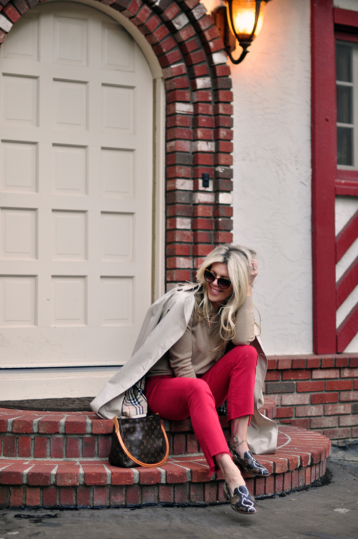 fall style, red and ivory and camel, snakeskin trend and classic burberry trench - love maegan tintari