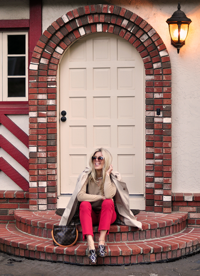 fall style, red and ivory and camel, snakeskin trend and classic burberry trench - love maegan tintari