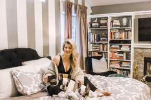 SKIMS bralette-yoga pants-cozy knit sweater-french bulldogs - striped walls