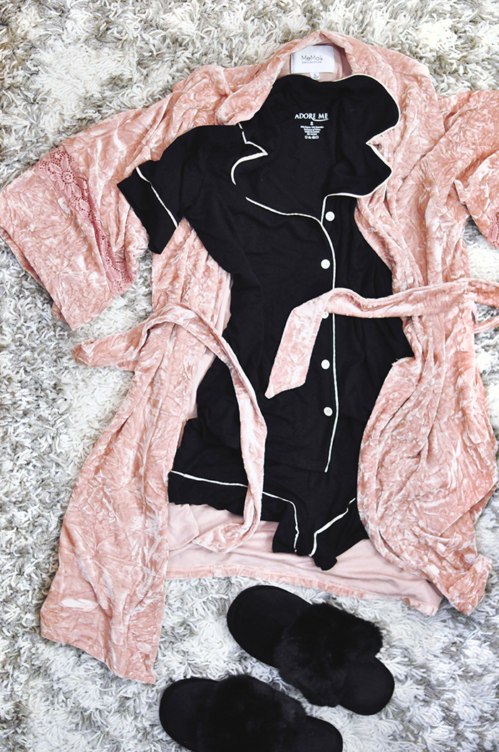 cute pajamas-pink velvet robe-furry slippers-black pajama set with white piping shorts