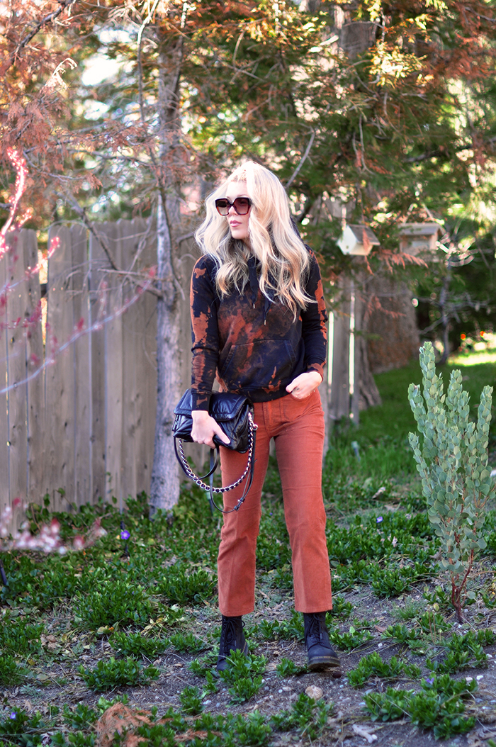 bleach dyed hoodie sweatshirt-rust cords-dr martens outfit