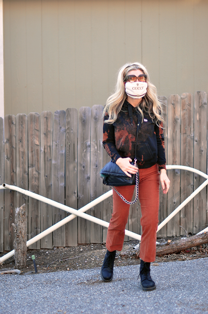 quarantine style outfit - bleach tie dye sweatshirt - dr martens - gucci designer face mask diy