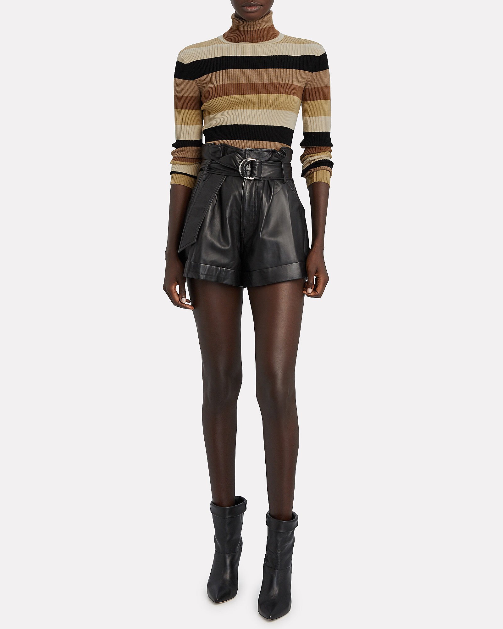 fall style striped turtleneck and leather shorts