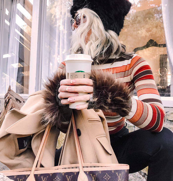 DIY Faux fur fingerless gloves - brown striped 70s turtleneck-louis vuitton bag-crop