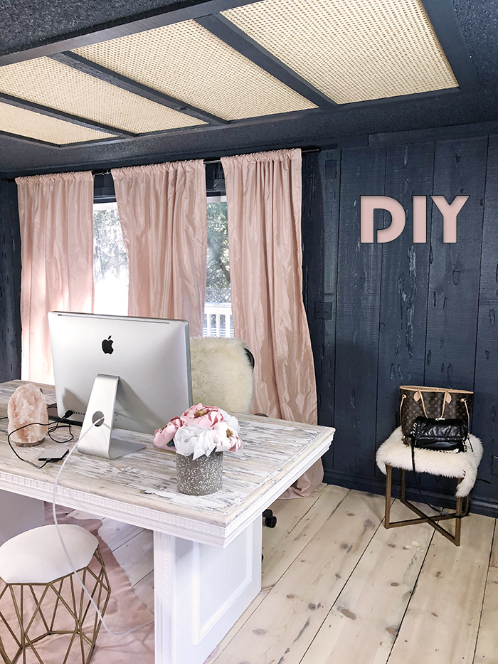 DIY blog-love Maegans office-dark walls-pink curtains-woven cane rattan light panel covers flourescent lighting