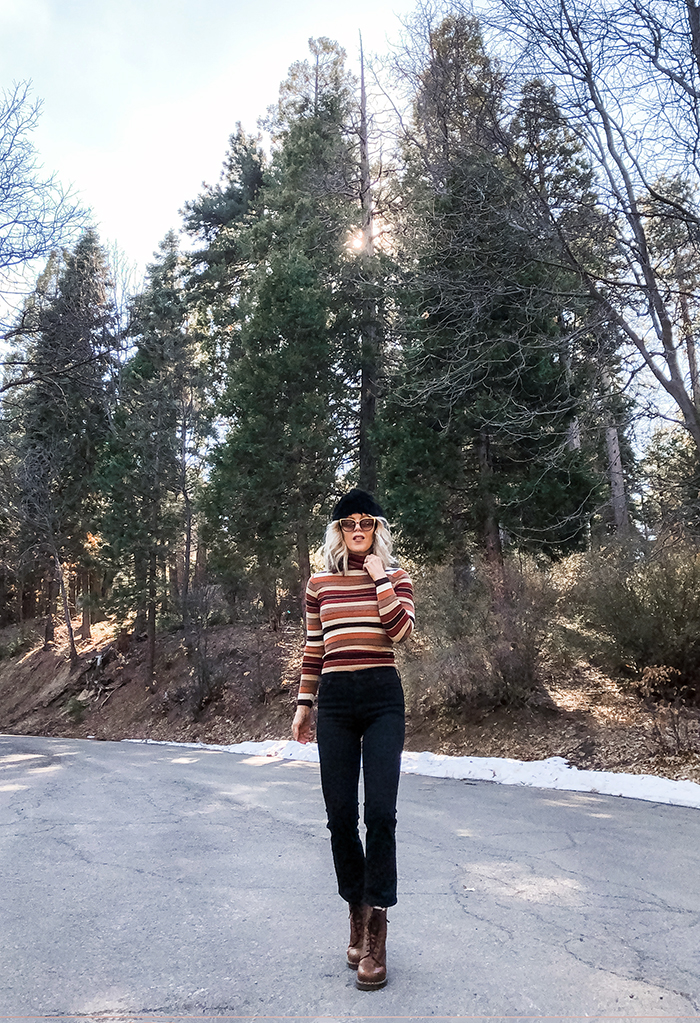 brown and black outfit, black jeans, brown docs, vintage 70s striped turtleneck, winter style