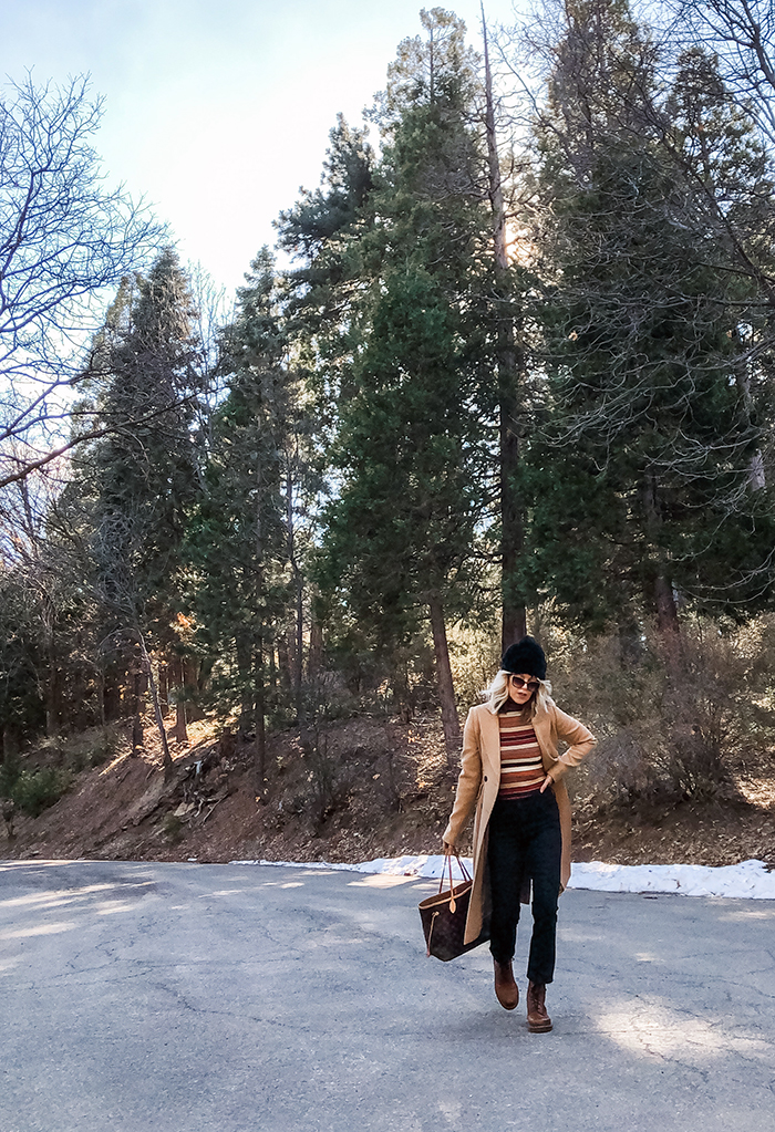 brown and black outfit, black jeans, brown docs, vintage 70s striped turtleneck, winter style