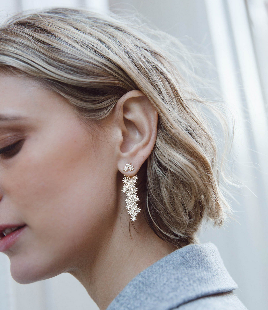 earrings-flower drop ear jacket-white gold silver