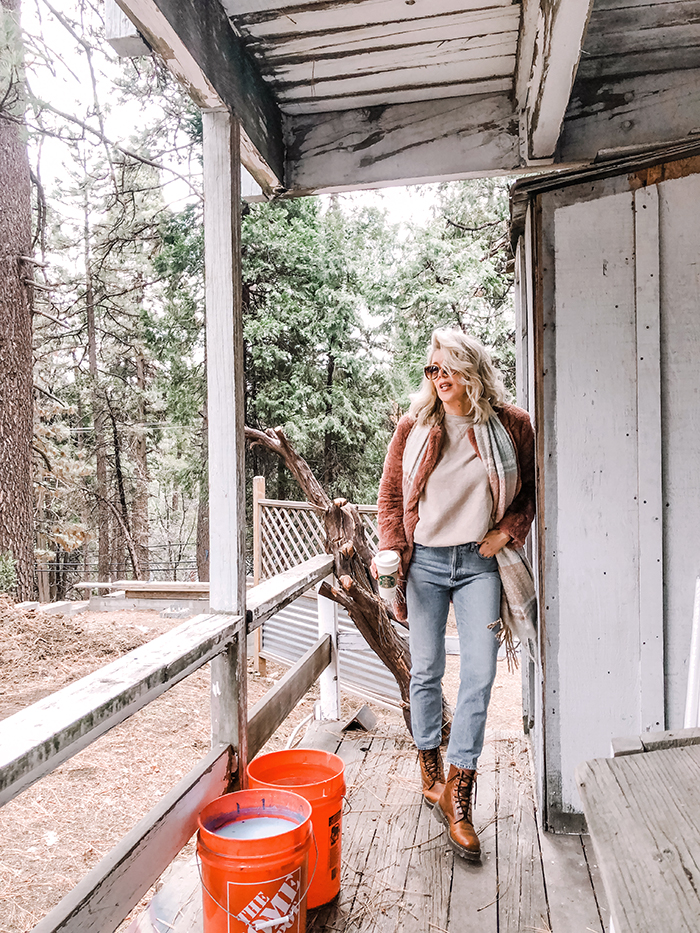 light wash jeans-docs-fauxt fur coat-home depot-love maegan-lake arrowhead