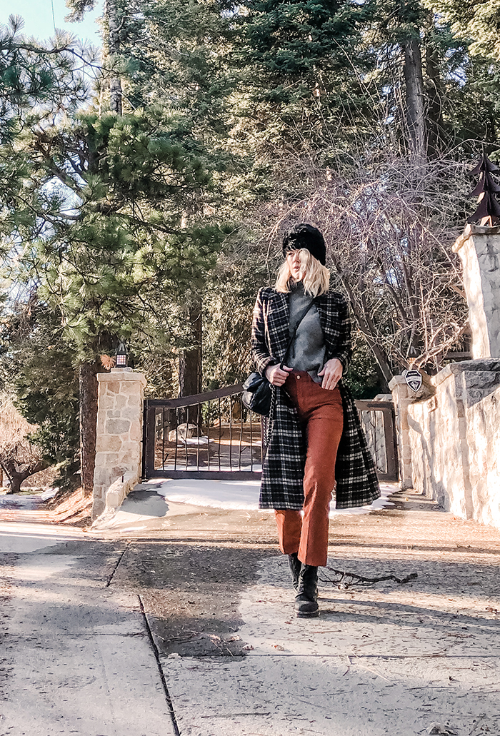 winter style, plaid coat, corduroy pants, docs dr martens, lake arrowhead