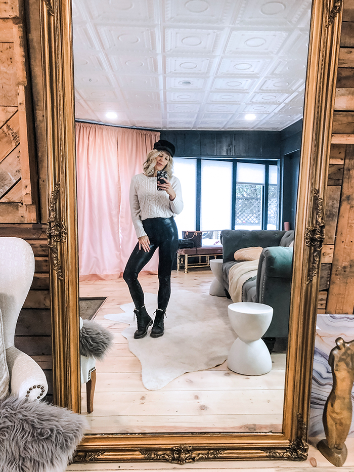 siny leggings and sweater with doc martens mirror outfit selfie