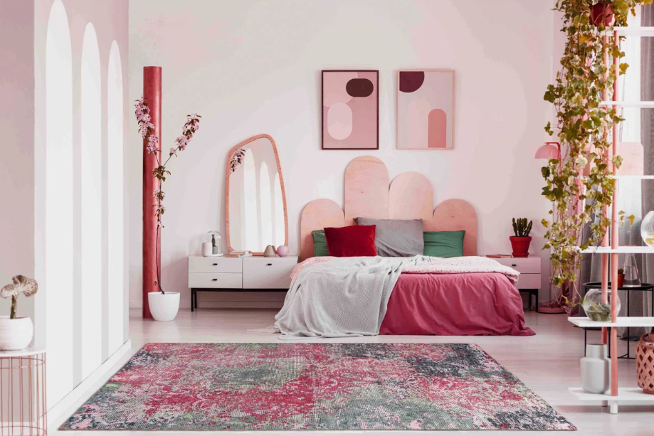 multicolor rug with pink in contemporary 80s bedroom