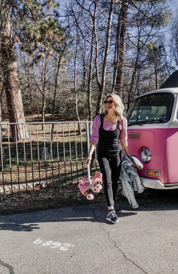 late summer style, pink VW volkswagon bus, california style, retro cars, vintage volkswagon bus, van, pink cars, pink, roller skates, pink skates, lake arrowhead, roller skating 