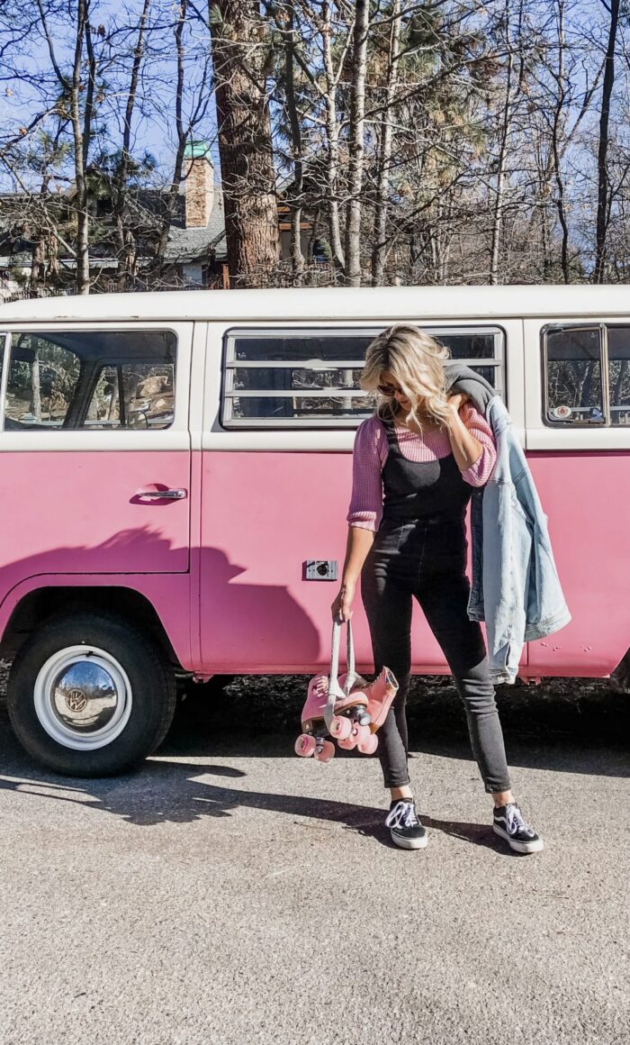late summer style, pink VW volkswagon bus, california style, retro cars, vintage volkswagon bus, van, pink cars, pink, roller skates, pink skates, lake arrowhead, roller skating 