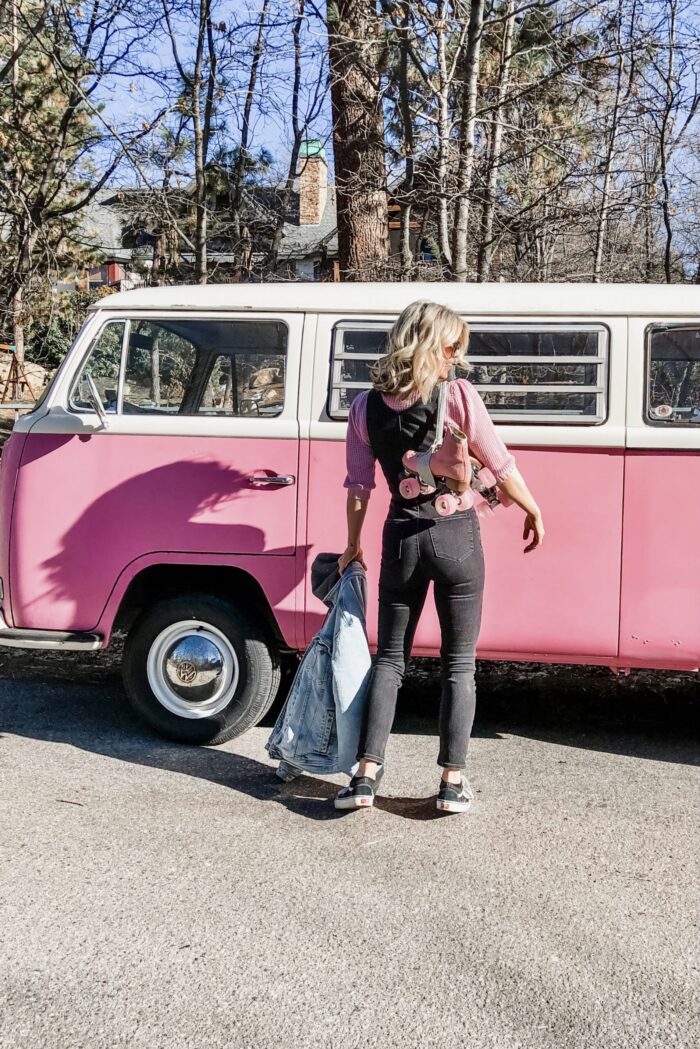 late summer style, pink VW volkswagon bus, california style, retro cars, vintage volkswagon bus, van, pink cars, pink, roller skates, pink skates, lake arrowhead, roller skating 