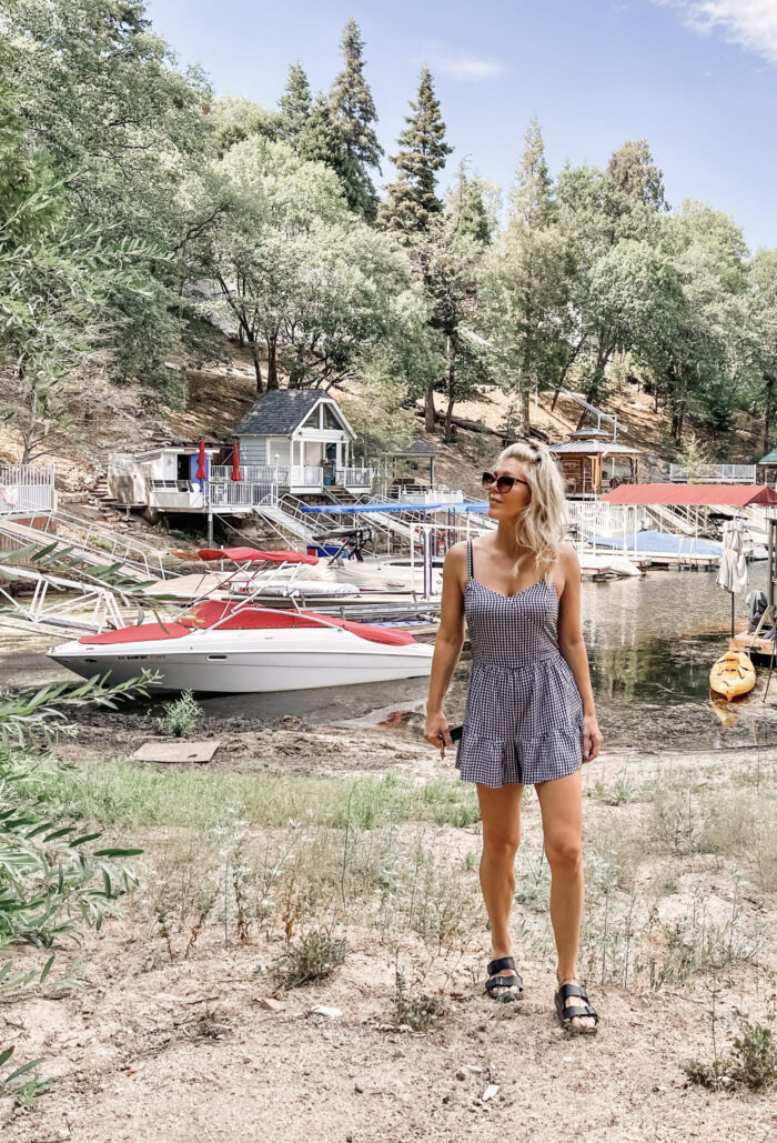 summer style, gingham dress, gingham romper, rompers, summer rompers, sundress, sun dresses, birkenstocks, lake life, lakeside, lake arrowhead, summer outfit inspiration