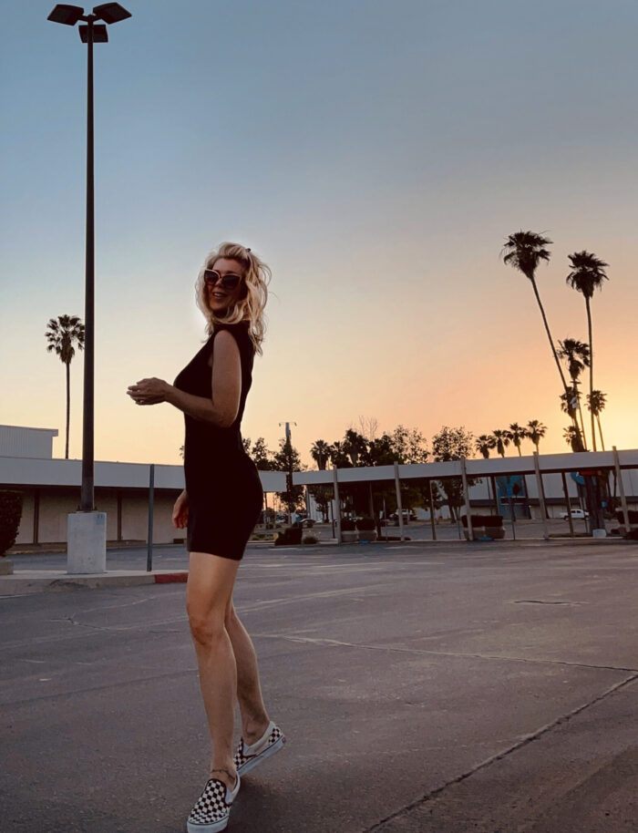 love maegan-little black dress-checkered vans-sunset-palm trees