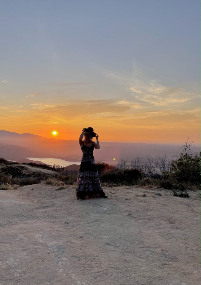 standing in a nice dress staring at the sunset, maxi dress, sunset landscape photo over a lake, mountain lake sunset, silverwood lake, san bernardino mountains, lake arrowhead, sunset pic