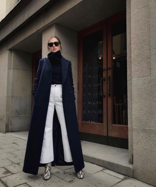 cropped flared white jeans with long dark coat and turtleneck for winter, cropped white jeans, how to style white jeans