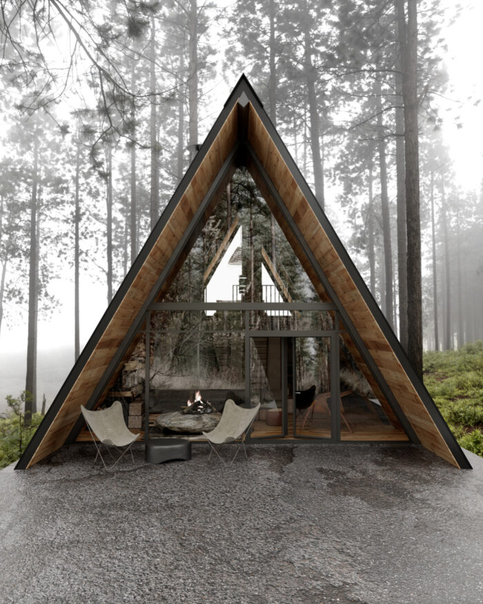 a-frame cabin, lake tahoe, lake arrowhead, california, california mountain forest towns, interiors, design, wood, cabins, cabin in the woods, aframe cabin in the woods, fog, trees