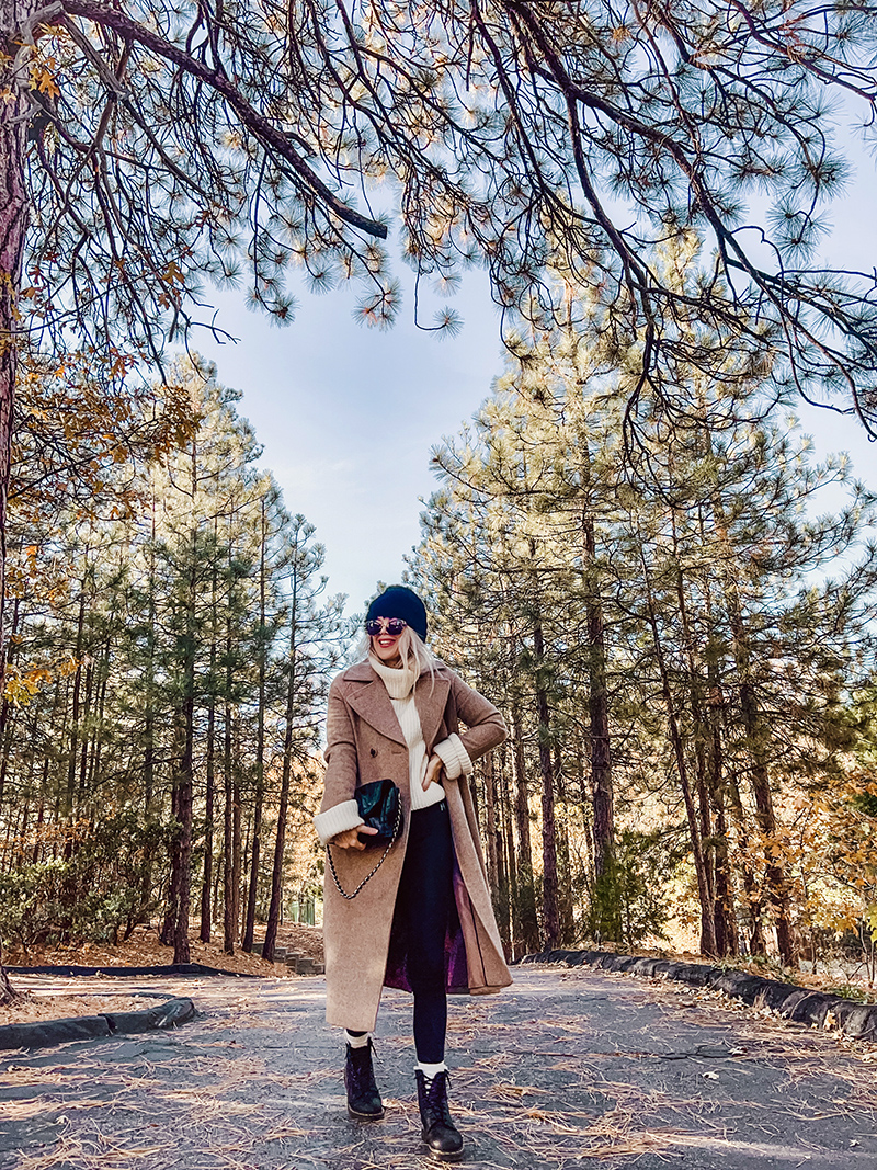 casual chic fall style in dressed up leggings look with long wool coat in neutral colors