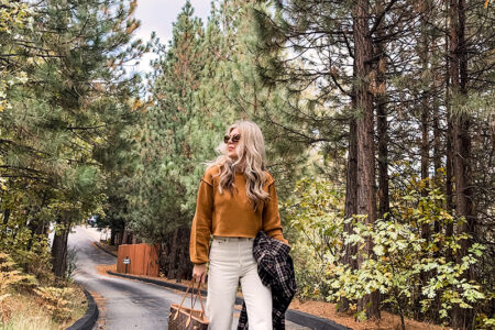 casual fall style in brown and ivory tones with ivory white jeans and brown doc martens boots a plaid coat and louis vuitton never full bag