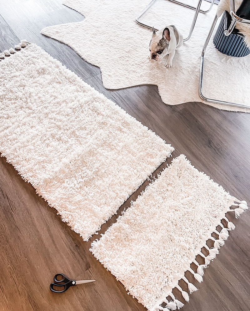 DIY Rug Hack, How to Shorten a Rug or Runner with Tassels for a bathroom or kitchen or entryway, home diys