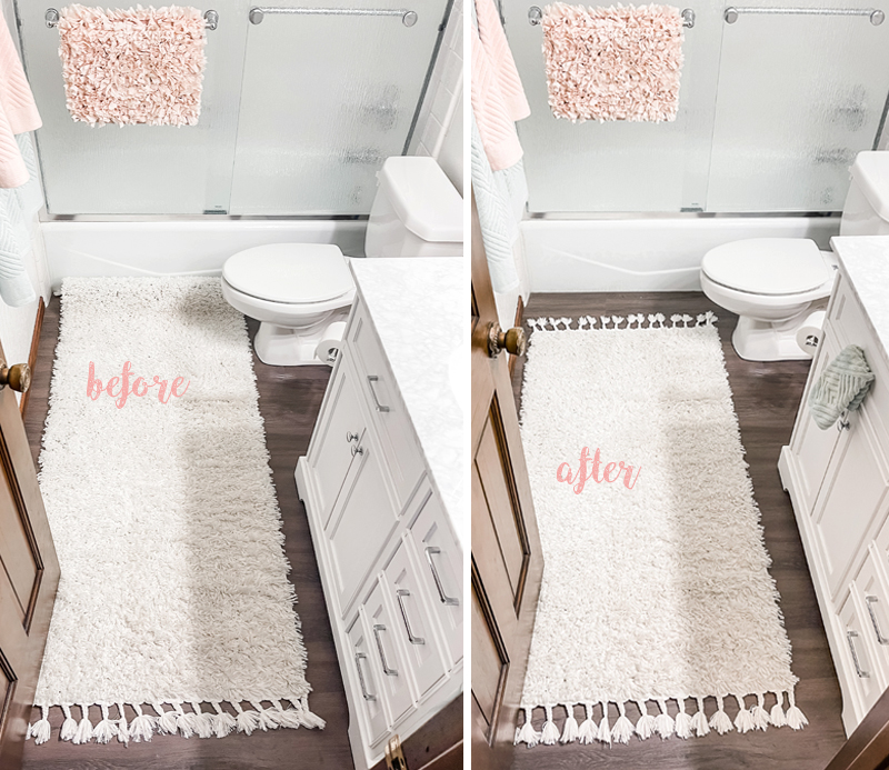 DIY rug runner hack-how to shorten a rug before after-small bathroom ideas