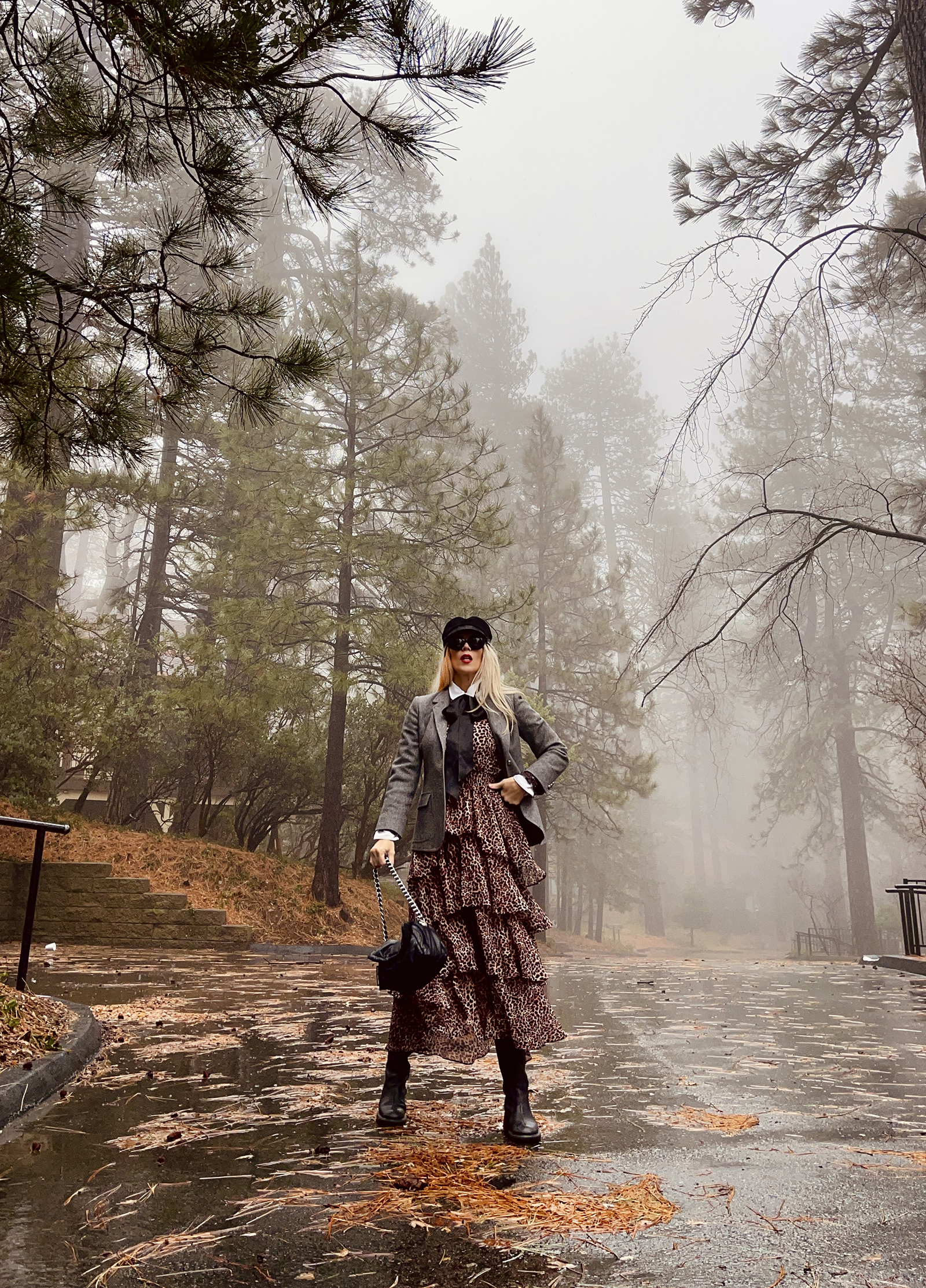 retro style-vintage blzer-blouse with black bow-black knee high boots-outfit in the rain-tall trees-fog