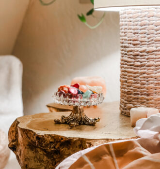 gold stump nightstand-crystal bowl with gold brass foot pedestal-healing crystals