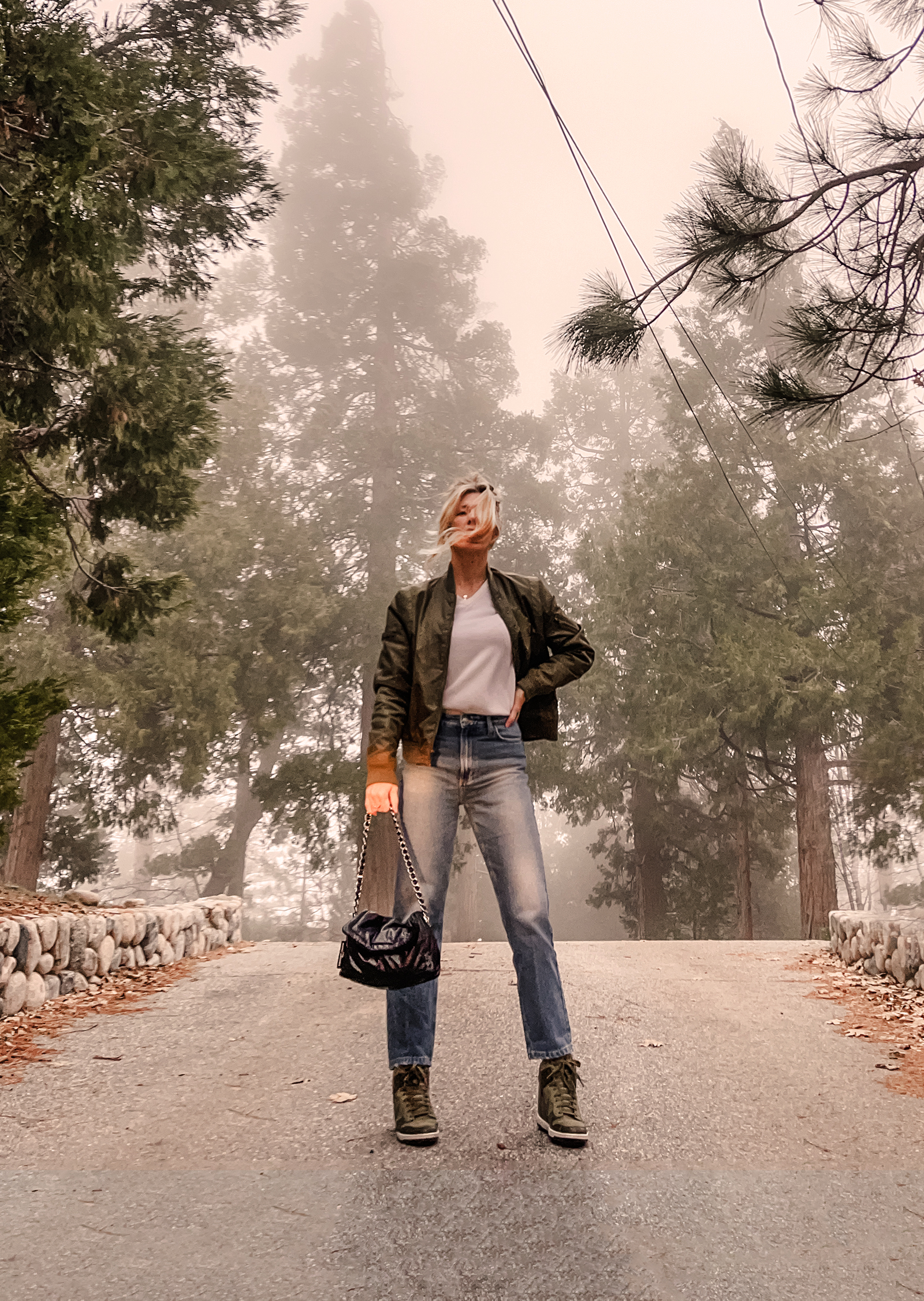 spring style in the fog, forest, green and white, high waist straight ankle jeans with high top nike sky high army green bomber jacket with vintage white sweater and silver and white gold jewelry, casual style, jeans 2024