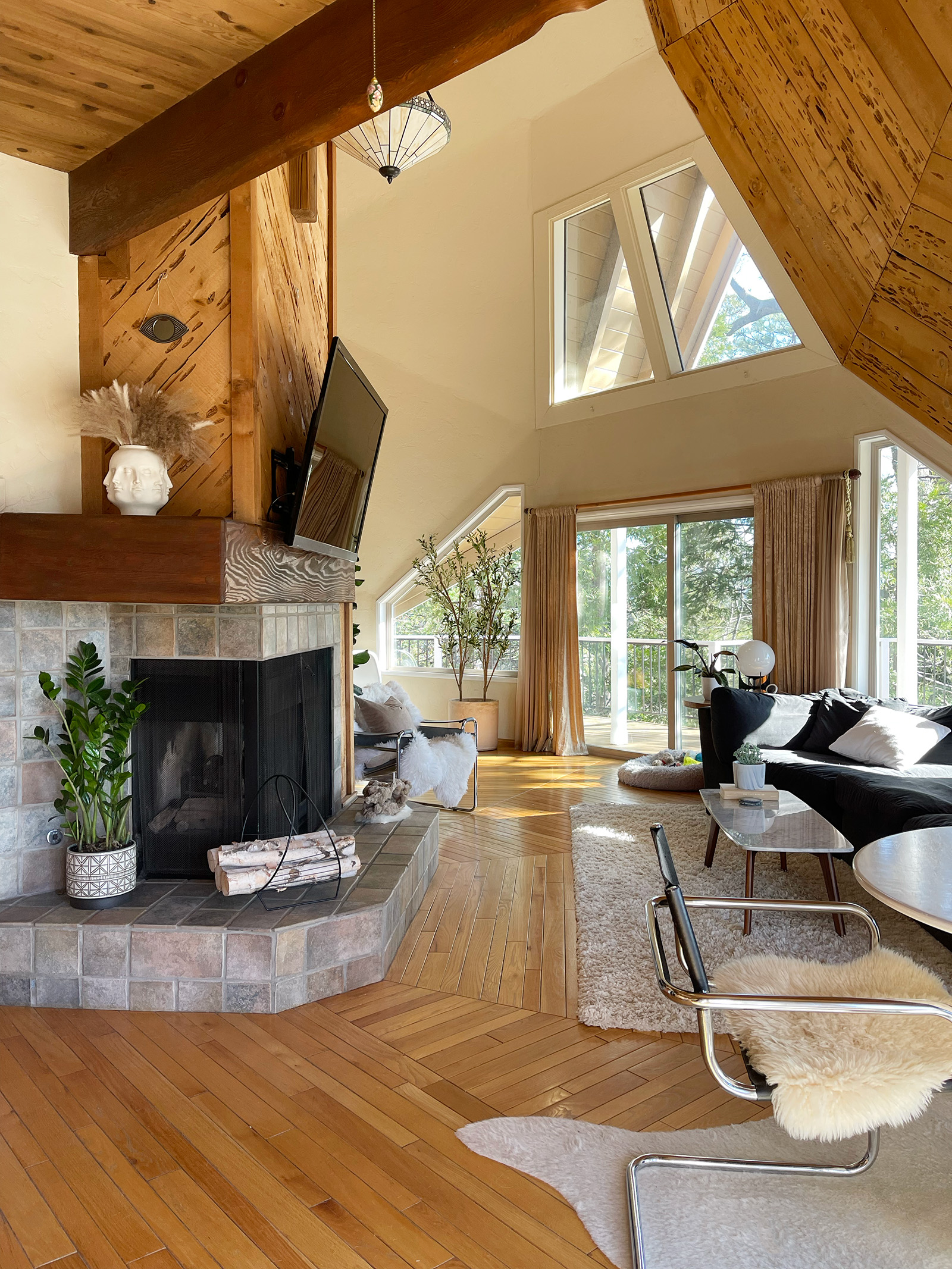 Geodesic Dome Homes, dome shaped house, dome house living room, minimal home decor, minimal living room in dome house, worm wood wall panelling, lake arrowhead houses