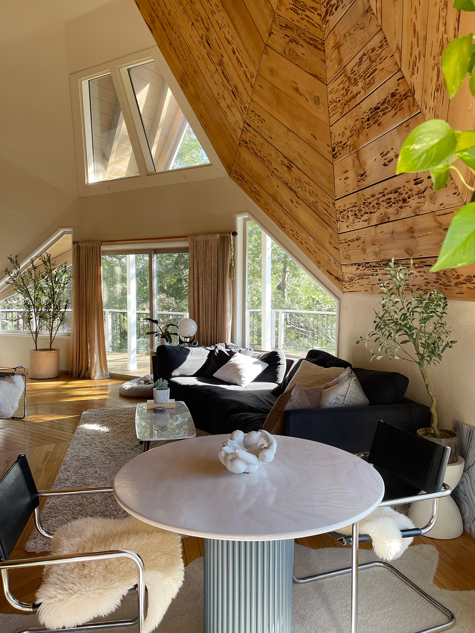 Geodesic Dome Homes, dome shaped house, dome house living room, minimal home decor, minimal living room in dome house, worm wood wall panelling, lake arrowhead houses