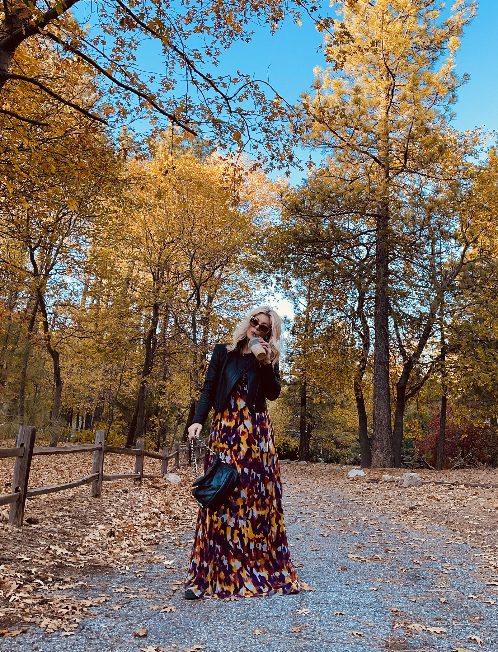 fall style, maxi dress with cropped leather jacket and combat boots for fall, blonde hair