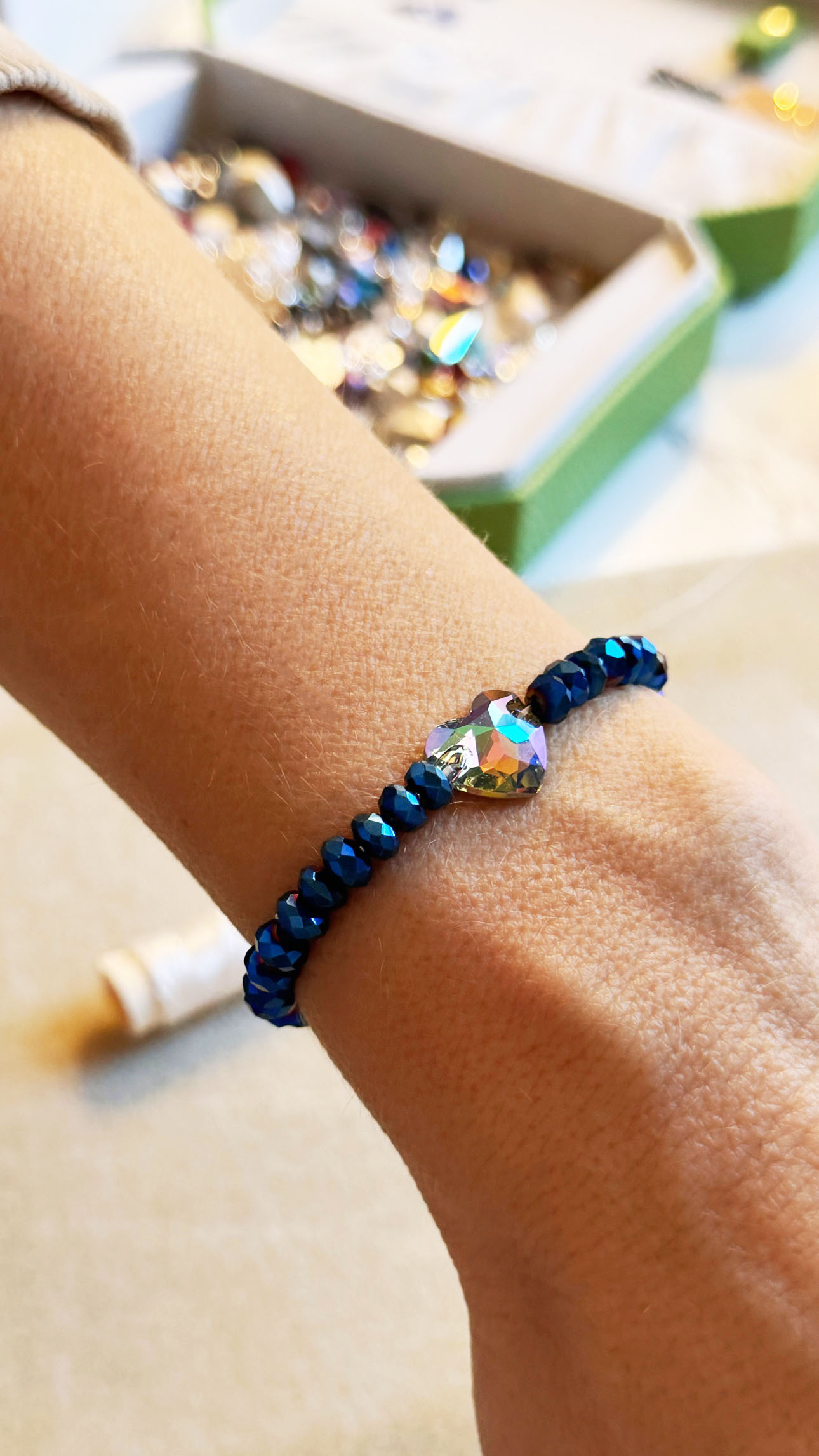 DIY blue bracelet with crystal heart