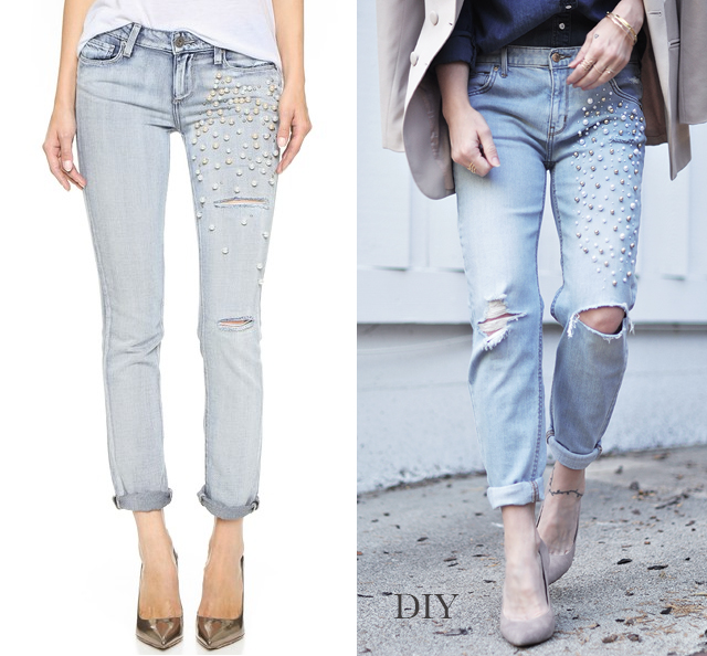 DIY  -  Pearl embellished distressed skinny boyfriend jeans_denim on denim