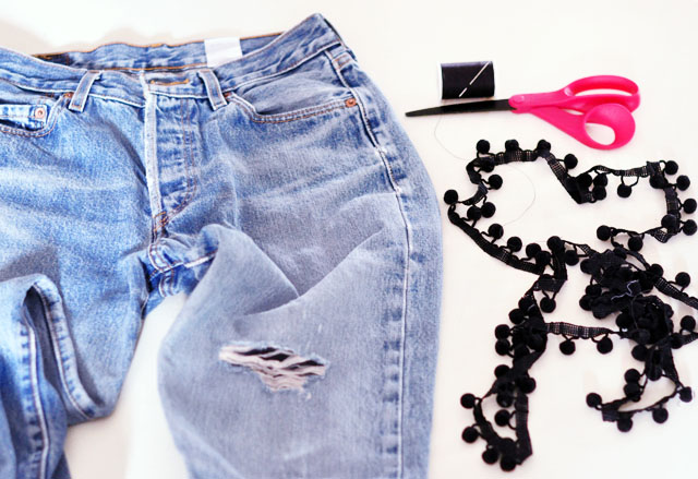 DIY Pom Pom Jeans - Embellished Vintage Levis-1