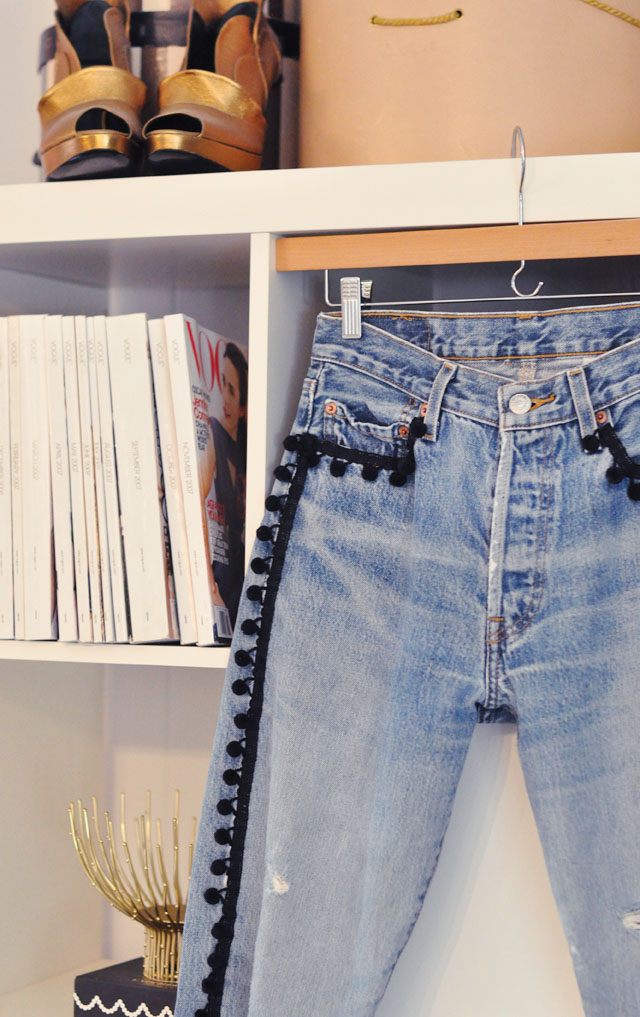 DIY embellished pom pom jeans