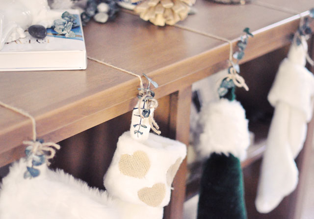 DIY hanging christmas stockings on shelves