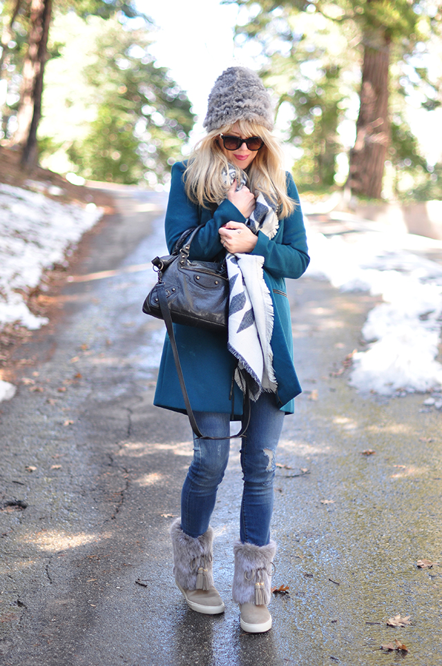 Style in the Snow_teal coat_furry hat