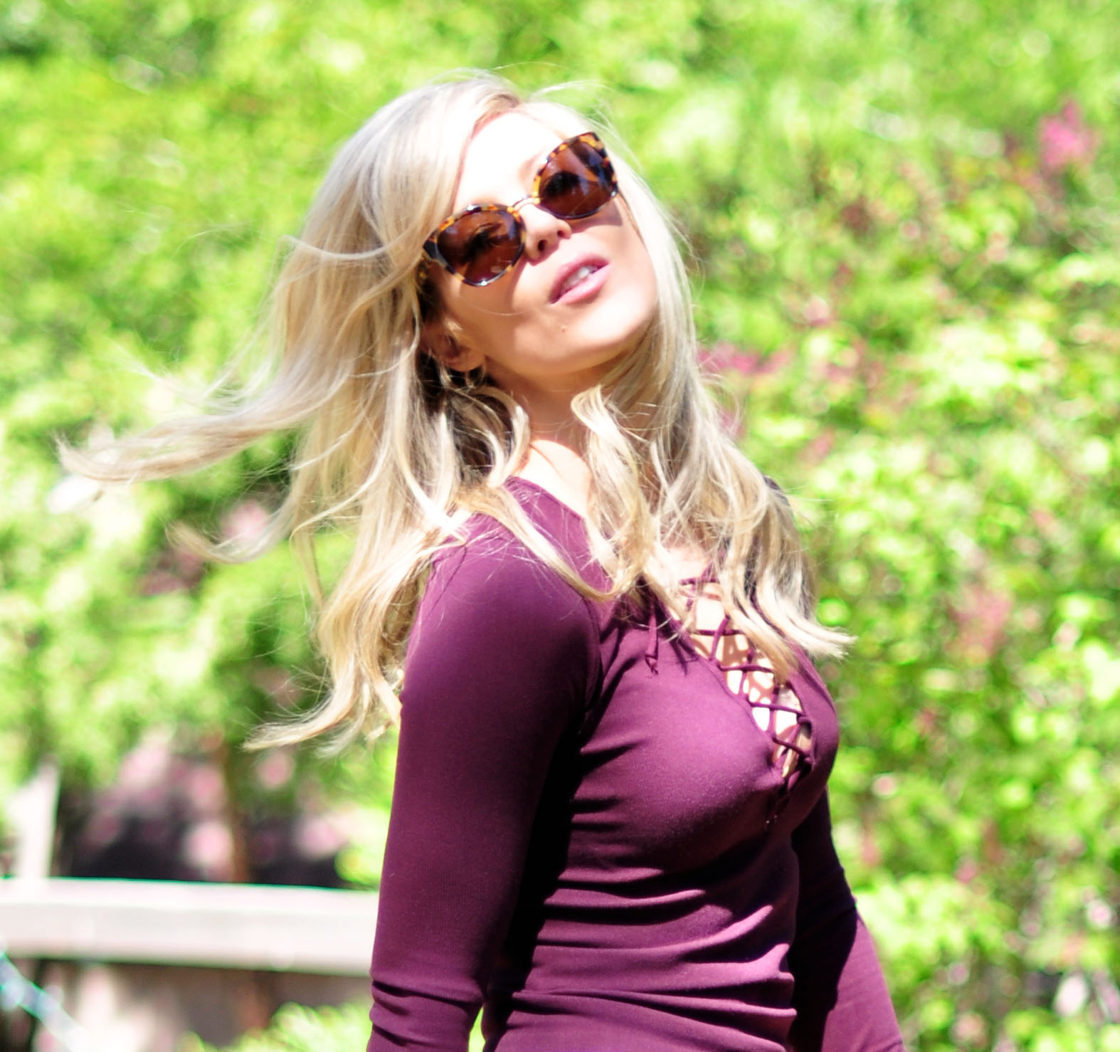 Wine lace up top_blonde hair_Phillip Lim sunglasses