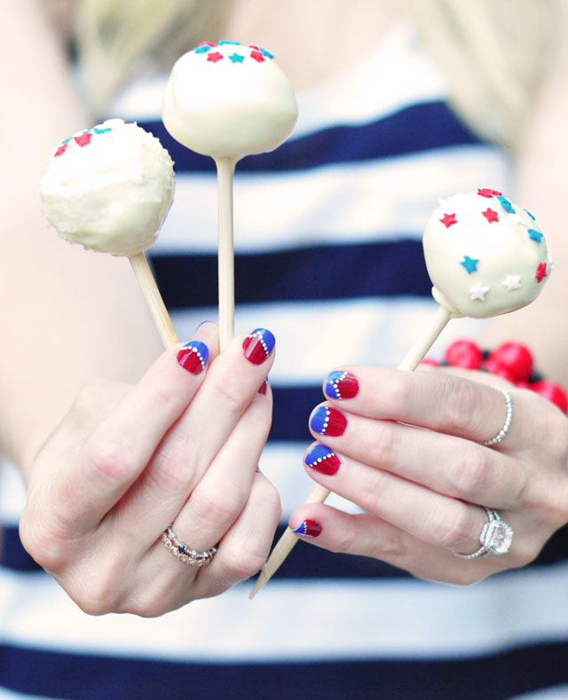 red white blue cake pops and nails for the 4th of july, independence day desserts