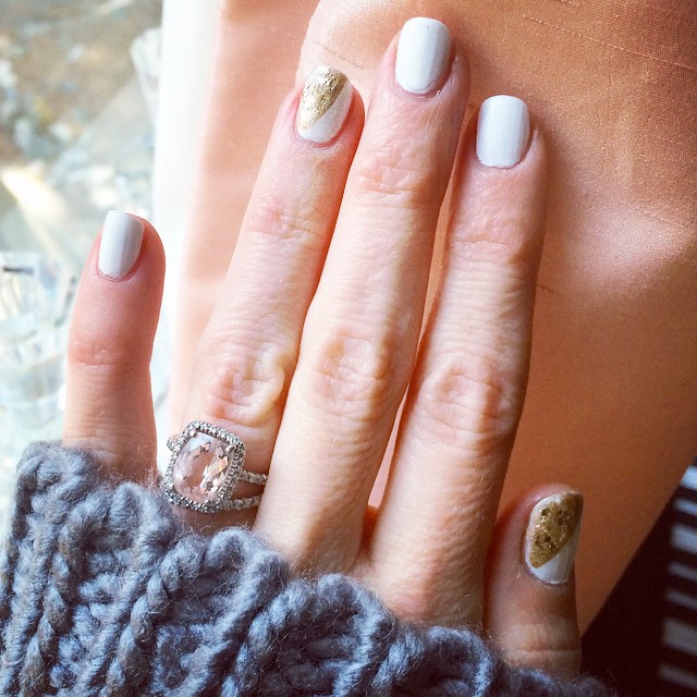 white nails with gold accents-cushion cut engagement ring