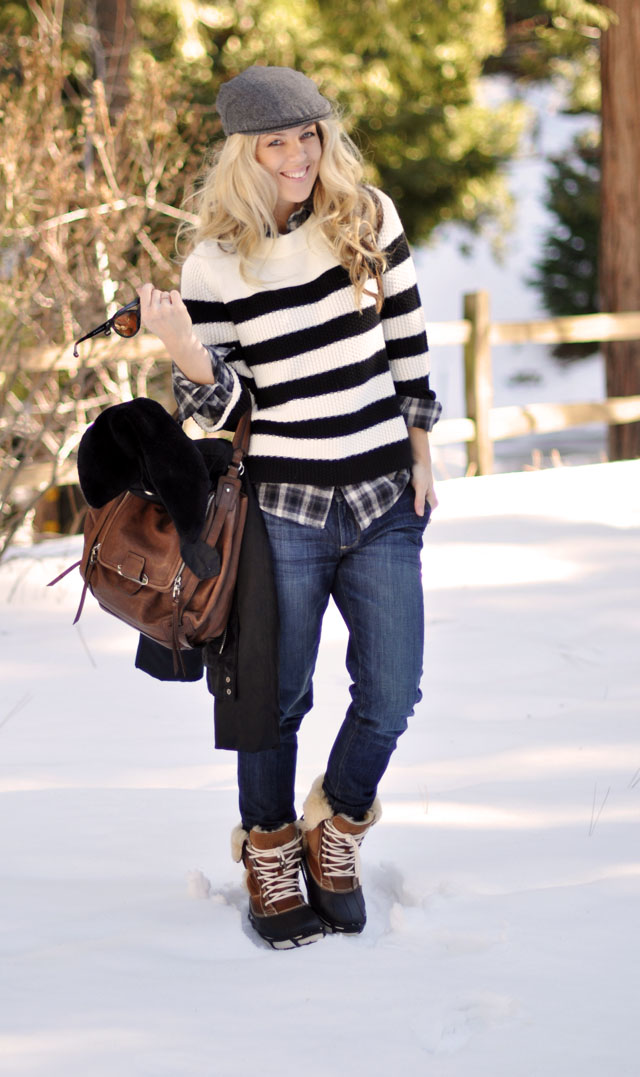 winter outfit in the snow - stripes-plaid-pageboy cap-newsboy